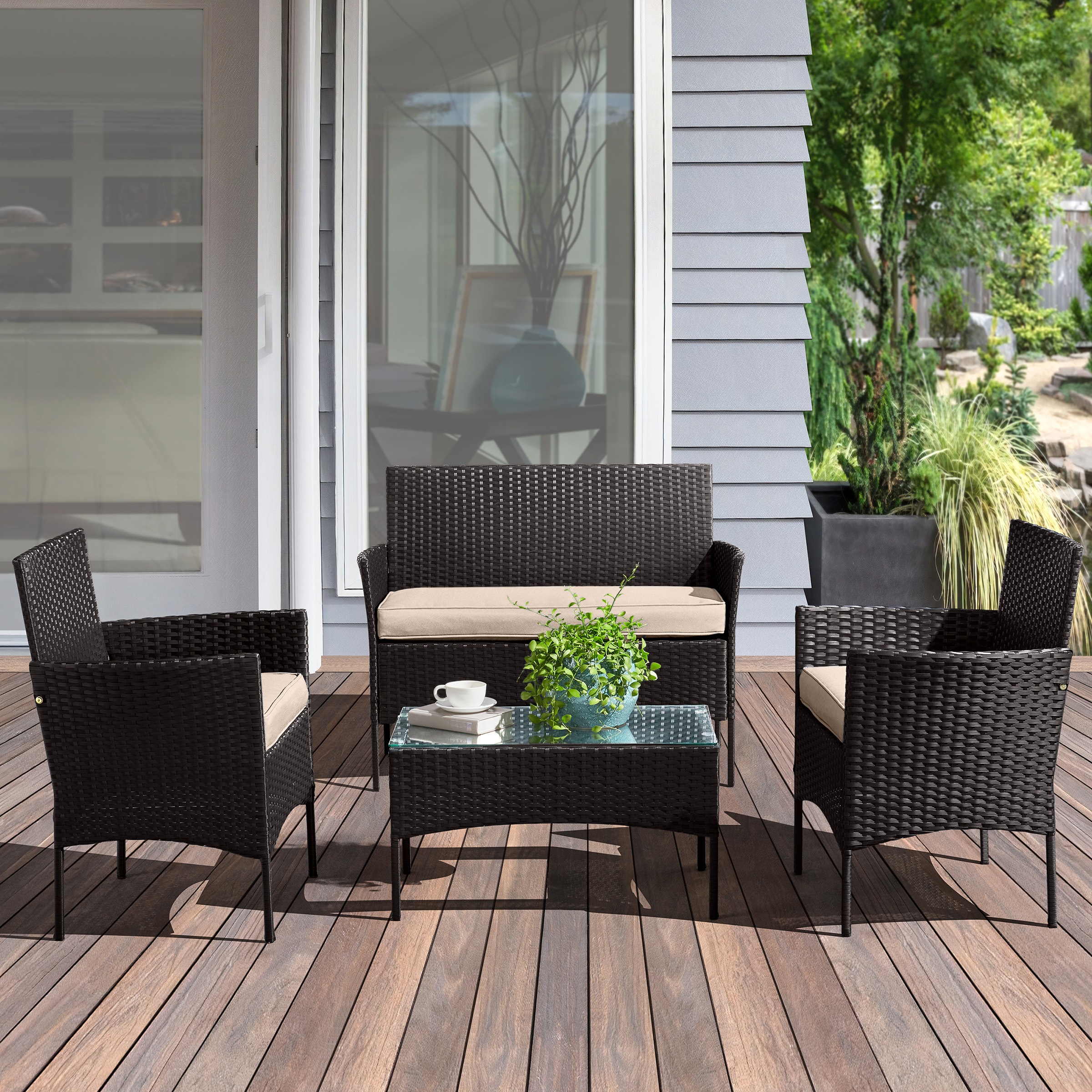 4Pcs Outdoor Patio Furniture Set Rattan Cushion Sofa Chairs Coffee Table Combo